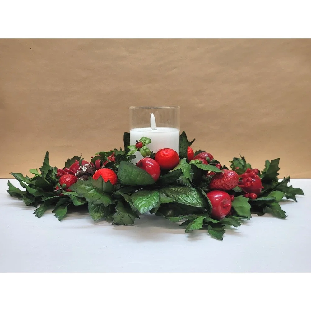 Vtg Christmas Faux Floral Candle Centerpiece Holly Pinecones/Apple/Strawberries
